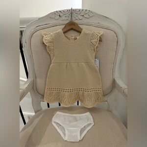 🦢 Baby 9 Mth Crochet Knit Beige Dress With Matching Panty NWT by Oshkosh NWT
